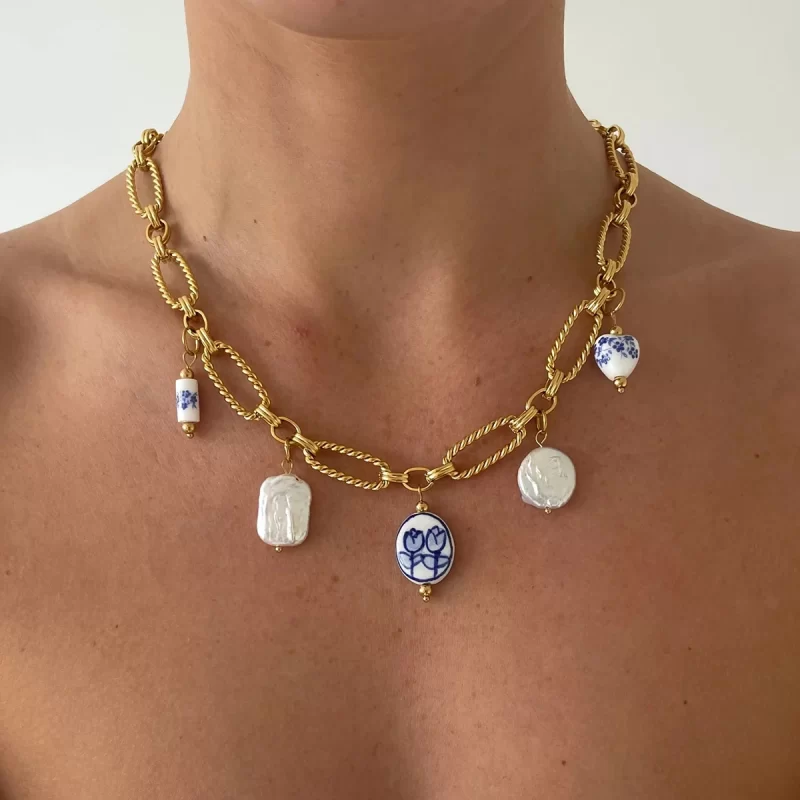 Youthway Stainless Steel Pearl Porcelain bead Pendent Chain Necklace Waterproof 18K Gold-plated Ocean Beach Trendy Jewelry - Image 2