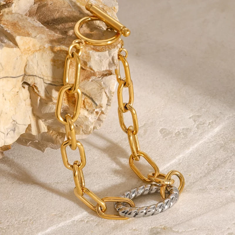 18k Gold Stainless Steel Gold and Silver Twisted Oval Pendant Interlocking Circle Bracelets - Image 3