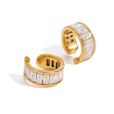 Classic Style White Diamond Square Water Stone Clip Earrings 18K Gold Stainless Steel One Pair Elegant Jewelry