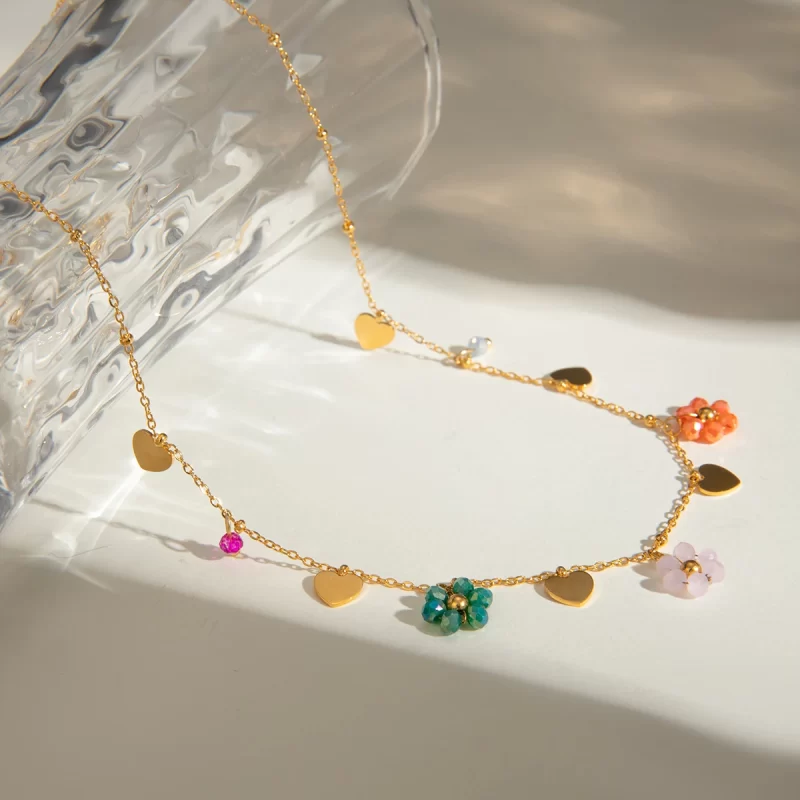 J&D Stainless Steel Chain Colorful Summer Glass Beads Flower Heart Charms Dainty Necklace for Girls - Image 2