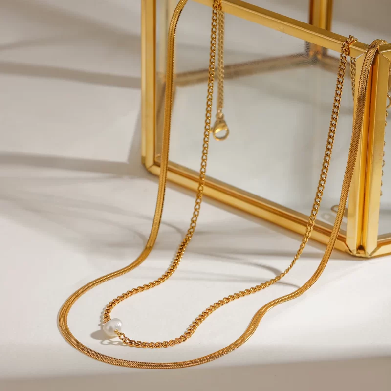 J&D Women 18K Gold Plated Stainless Steel Snake Bone Double Layer Chain Trendy Pearl Link Necklace - Image 5