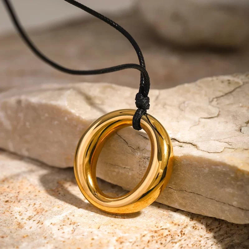 J&D Hollow Round Pendant Necklace 18K Gold Silver Plated Stainless Steel Black Rope Drop Necklace for Women - Image 4