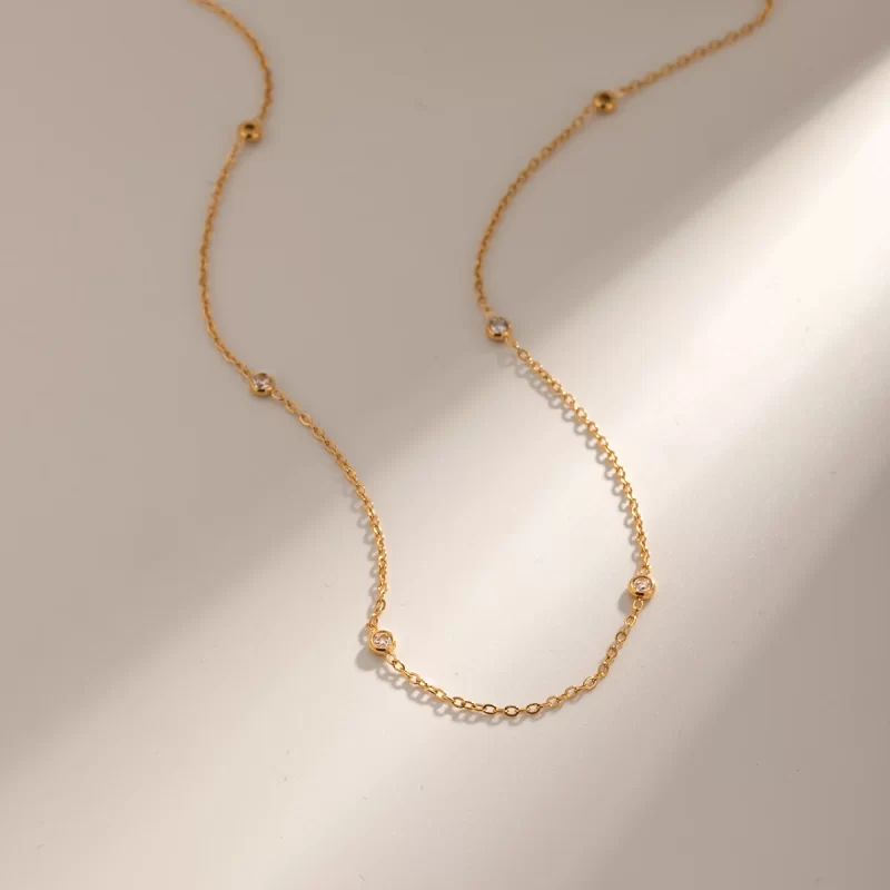 J&D Jewelry Dainty 18K PVD Gold Plated Stainless Steel Round Cubic Zirconia Chain Necklace for Women