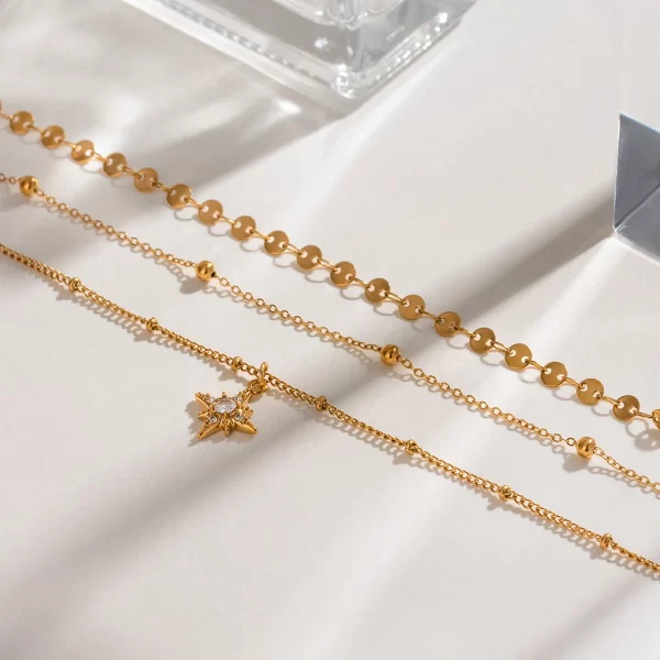 Youthway Rhinestone Star Layered Chain Pendant Necklace Women Stainless Steel Golden Metalic Waterproof Texture Necklace Jewelry - Image 3
