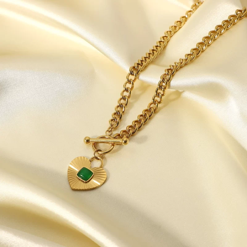 INS Cuban Green Zircon Inlaid 14k Stainless Steel Gold Plated Agate Necklace Jewelry Heart Pendant Necklace - Image 4