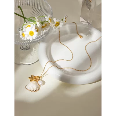 New Trendy Ocean Series 18K PVD Gold Plated Stainless Steel Pearl Starfish Shell Choker Necklace for Women