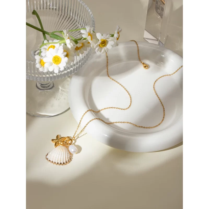 New Trendy Ocean Series 18K PVD Gold Plated Stainless Steel Pearl Starfish Shell Choker Necklace for Women
