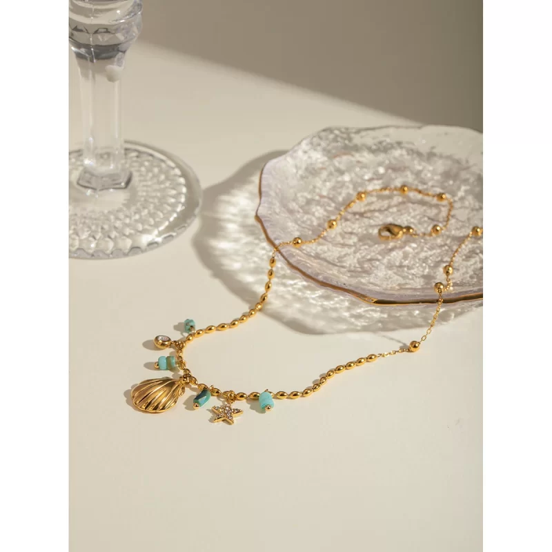 J&D 18K Gold Plated Stainless Steel Crystal Amazonite Shell Star Crystal Inlaid Blue Pendant Necklace, 40+5cm - Image 5