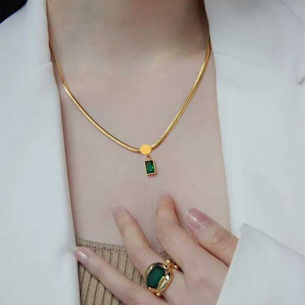18K Gold Plated Stainless Steel Green Square Zircon Pendant Snake Chain Necklace for Women's 2022 - Image 5
