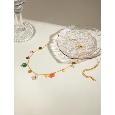 J&D Stainless Steel Chain Colorful Summer Glass Beads Flower Heart Charms Dainty Necklace for Girls