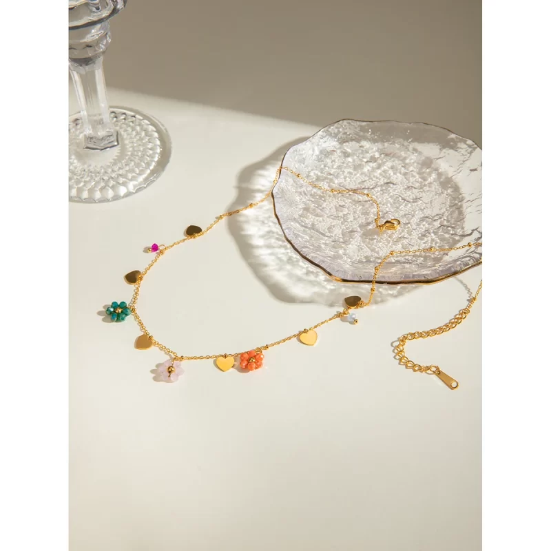 J&D Stainless Steel Chain Colorful Summer Glass Beads Flower Heart Charms Dainty Necklace for Girls