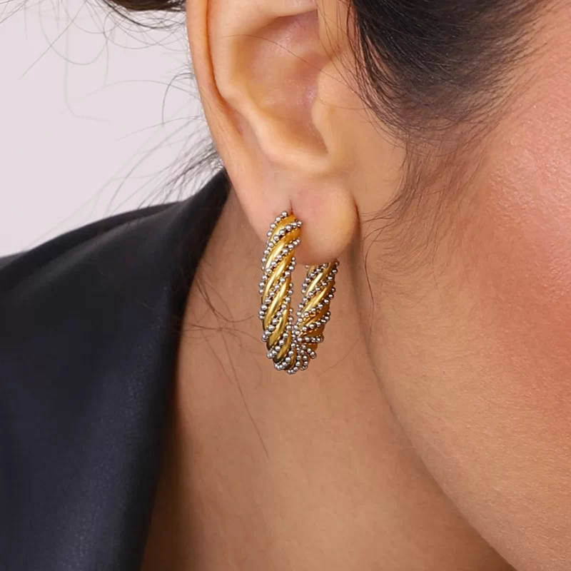 Modern Twisted Rope Hoop Earrings Minimalist C-Shaped Bead Design Two-Tone Stainless Steel Hoop Earrings - Image 2