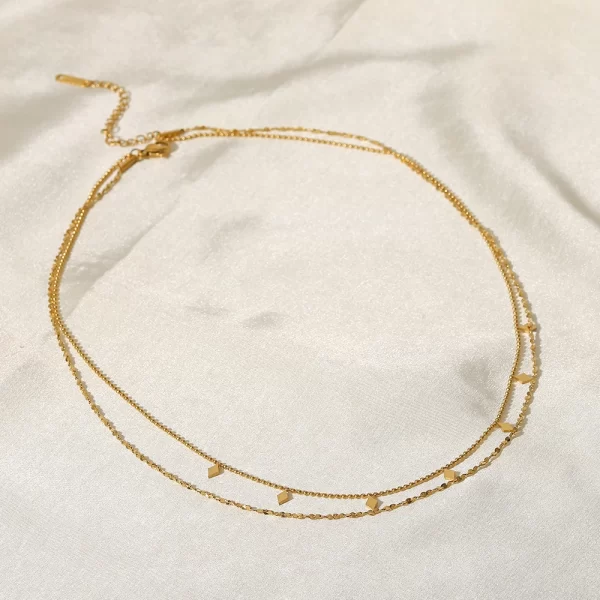 18K Gold Plated Layer Necklace Stainless Steel Double Layered Tassel Sequined Bead Chain Necklace - Image 5