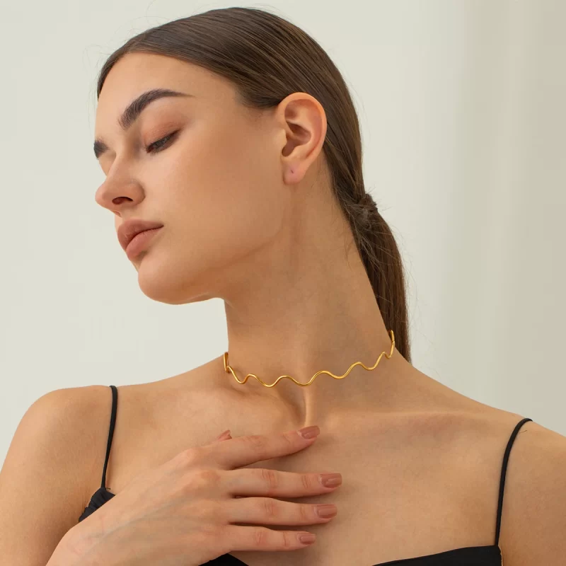 J&D Jewelry Waterproof Stainless Steel Necklace Stacking Irregular Collar Wavy Neck Choker for Girls - Image 2