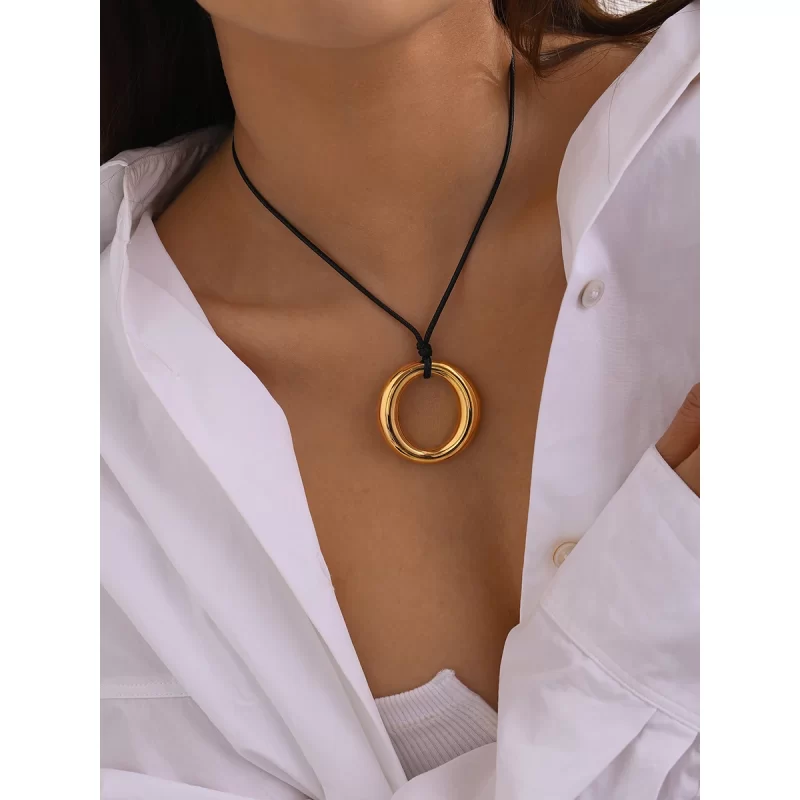 J&D Hollow Round Pendant Necklace 18K Gold Silver Plated Stainless Steel Black Rope Drop Necklace for Women - Image 3