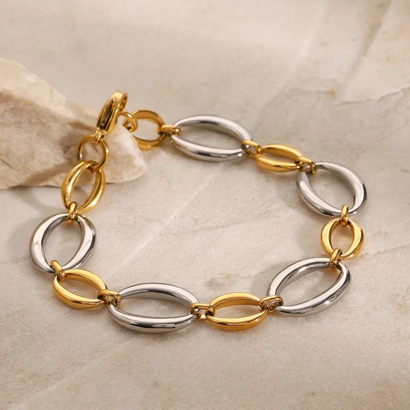 Steel Color Stainless Steel Gold and Silver Color Combination O-shaped Bracelet 22cm - Image 3