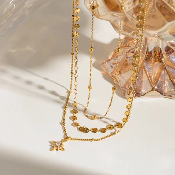 Youthway Rhinestone Star Layered Chain Pendant Necklace Women Stainless Steel Golden Metalic Waterproof Texture Necklace Jewelry - Image 5