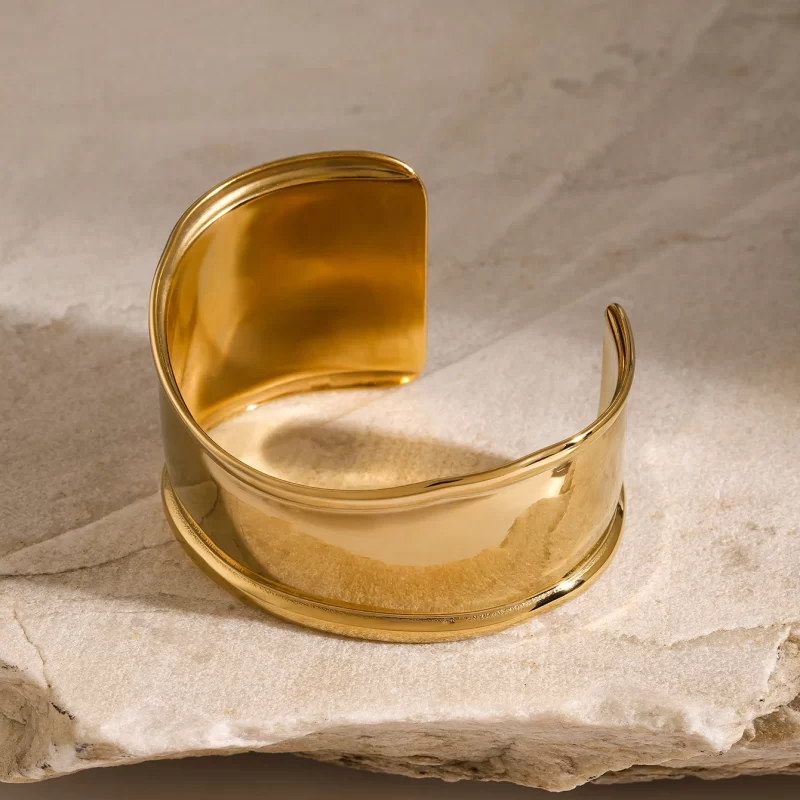 18K PVD Gold Plated Silver Wide Hammered Texture and V Gap Opening Irregular Shape Cuff Bangle for Women - Image 4