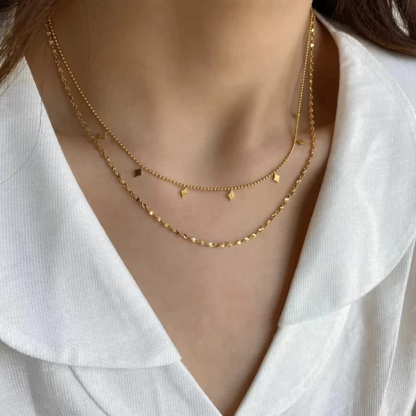 18K Gold Plated Layer Necklace Stainless Steel Double Layered Tassel Sequined Bead Chain Necklace - Image 3