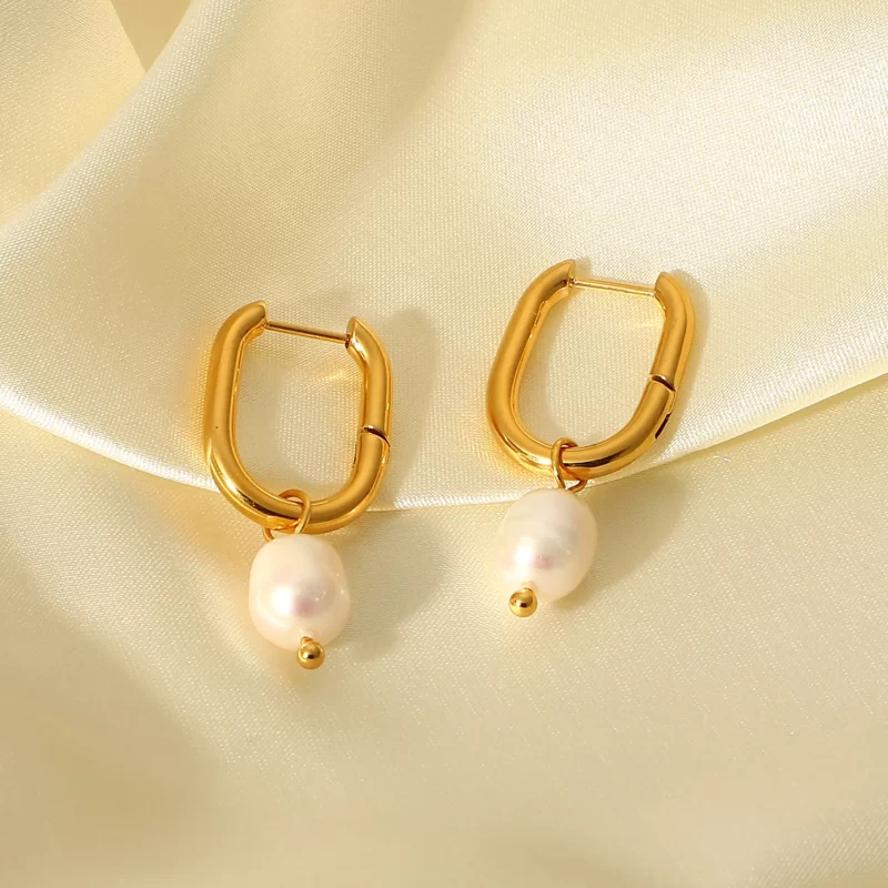 New Trend Geometric Stainless Steel CC Shape Pearl Hoop Earrings Geometric 18K Gold Plated Pearl Hoop Earring for Women - Image 3