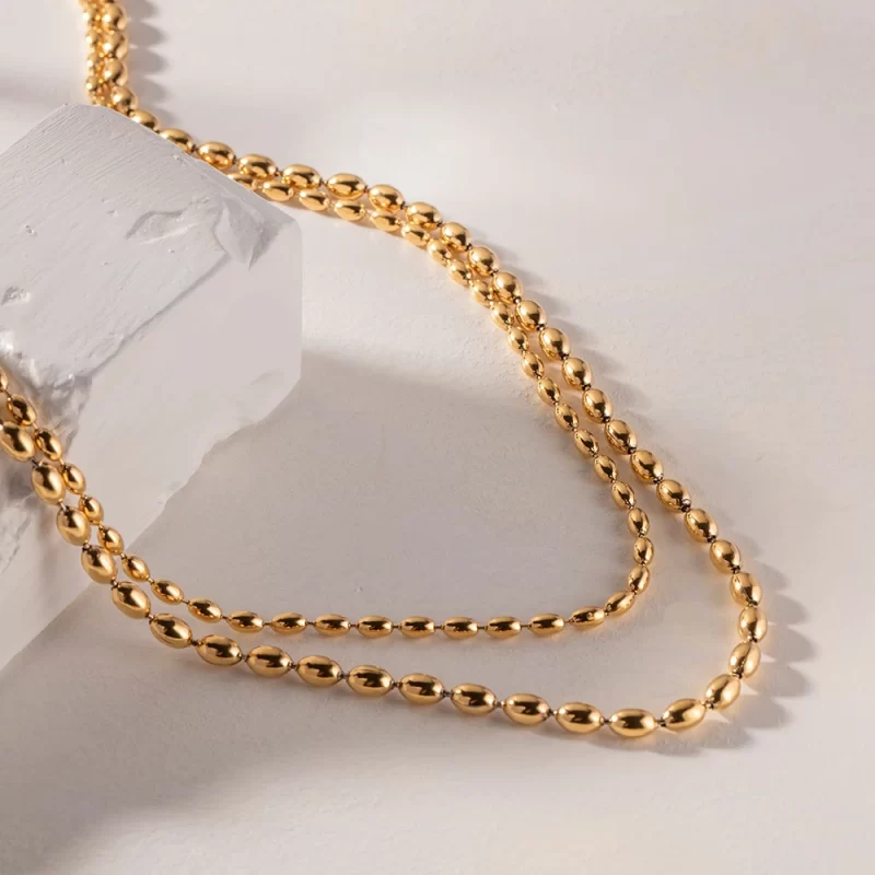 J&D Jewelry Waterproof 18K Gold Plated Stainless Steel Double Layer Oval Bead Chain Necklace for Women