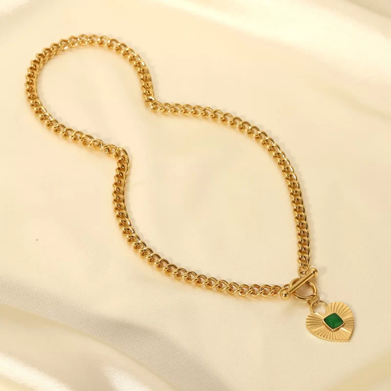 INS Cuban Green Zircon Inlaid 14k Stainless Steel Gold Plated Agate Necklace Jewelry Heart Pendant Necklace - Image 3