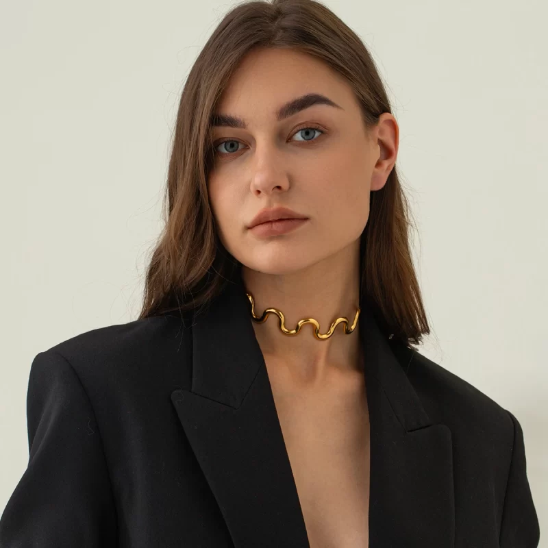 J&D Jewelry Waterproof Stainless Steel Curve Choker Necklace Wavy Adjustable Collar Neck Choker - Image 2