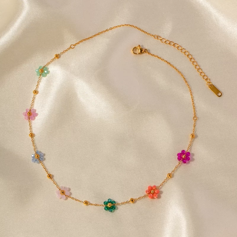 J&D Jewelry Stainless Steel 18K Gold Plated Bead Chain Sunflower Colorful 5 Flower Charm Bracelet Necklace - Image 4