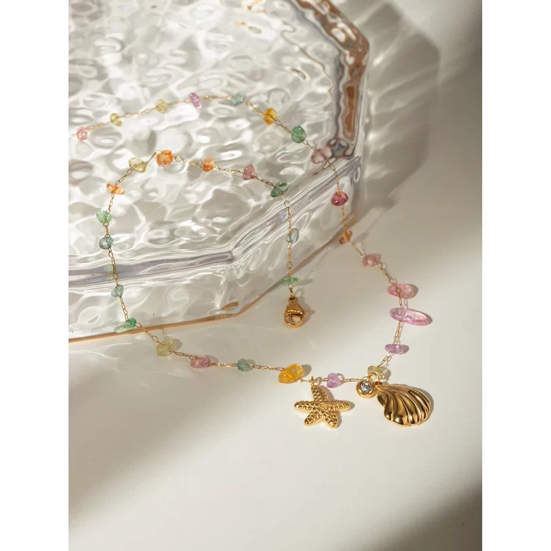 J&D 18K Gold Plated Stainless Steel Crystal Stone Colorful Stone Shell Starfish Crystal Pendant Necklace, 40+5cm - Image 2