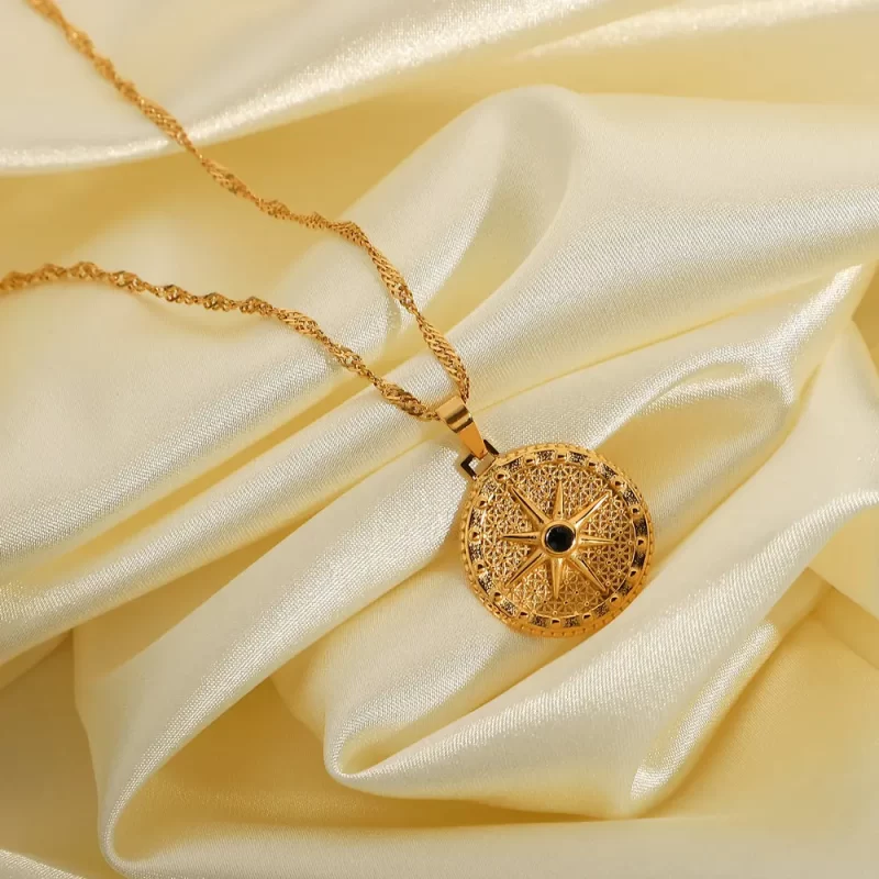 Trendy Titanium Steel Necklace 18K Gold Plating 316l Stainless Steel Round Octagon Signet Black Diamond Necklace - Image 2