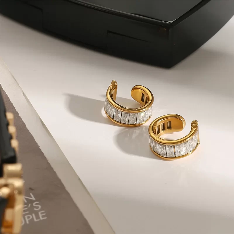 Classic Style White Diamond Square Water Stone Clip Earrings 18K Gold Stainless Steel One Pair Elegant Jewelry - Image 4