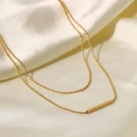 Waterproof T-bar Pendant Double Layer Bar Necklace Stainless Steel Bead Chain Layer Necklace for Women