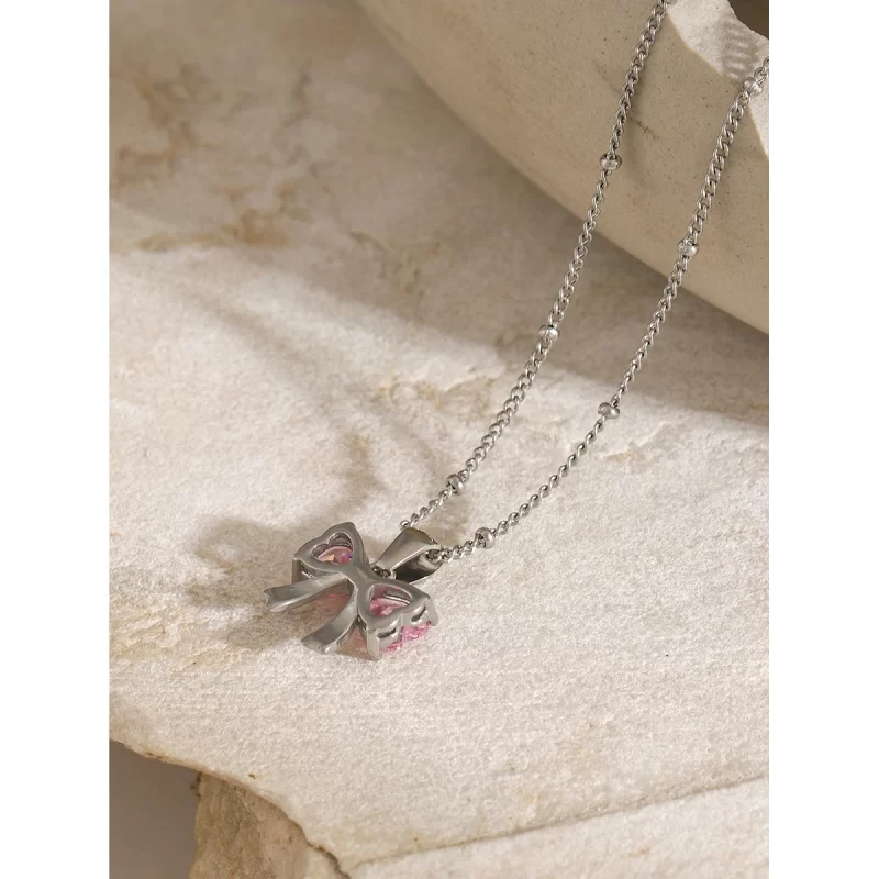 J&D 18K Gold Plated Stainless Steel Bow Knot White Cubic Zirconia Pendant Necklace, 40+5cm - Image 2