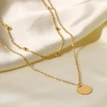 18K Gold Plated Double Layers Stainless Steel Mini Bead Chain Disc Charm Necklace for Girls