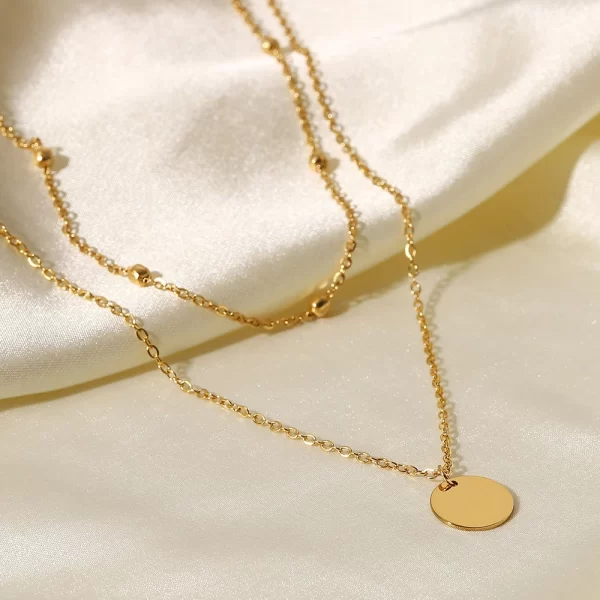 18K Gold Plated Double Layers Stainless Steel Mini Bead Chain Disc Charm Necklace for Girls