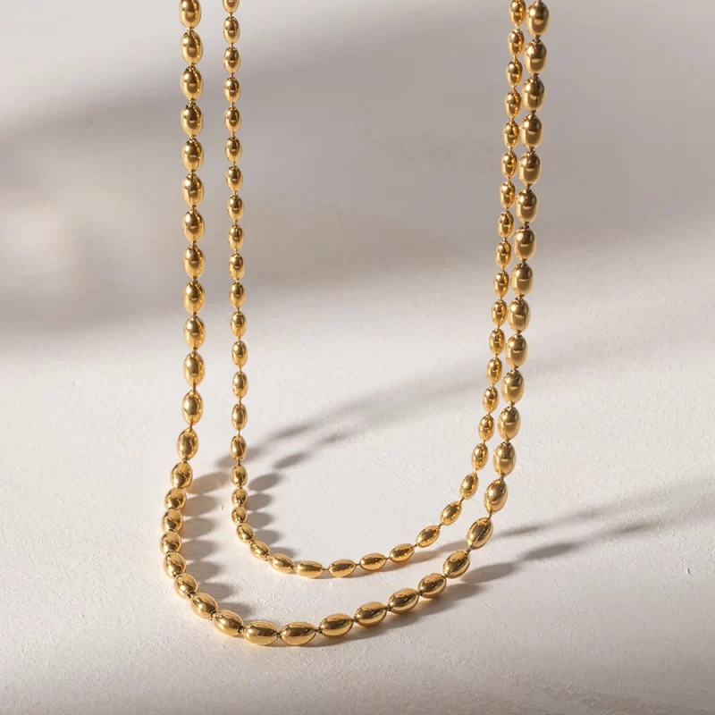 J&D Jewelry Waterproof 18K Gold Plated Stainless Steel Double Layer Oval Bead Chain Necklace for Women - Image 2