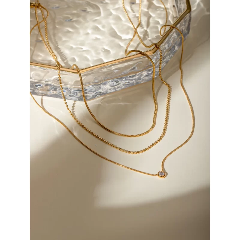 J&D 18K Gold Plated Stainless Steel Three-layer Necklace with a Round White Cubic Zirconia Pendant, 35/40/45+5cm - Image 4