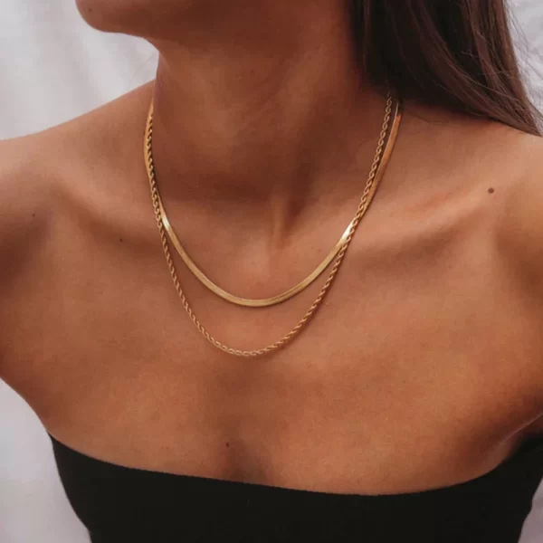 J&D Jewelry Waterproof 18K PVD Gold Plating Also Silver Colorway Two Layers Rope Flat Snake Chain Necklace - Image 3