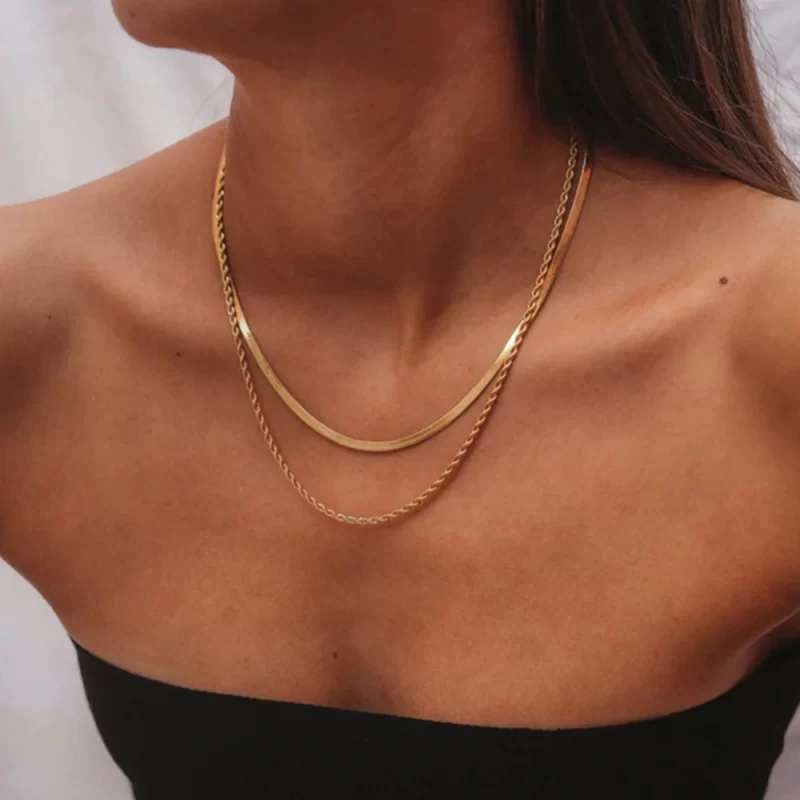 J&D Jewelry Waterproof 18K PVD Gold Plating Also Silver Colorway Two Layers Rope Flat Snake Chain Necklace - Image 3