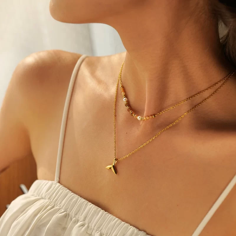 Natural Golden Stone Beaded Pendant Necklace 18K PVD Gold Plated Stainless Steel Double Fishtail Necklace for Women - Image 4