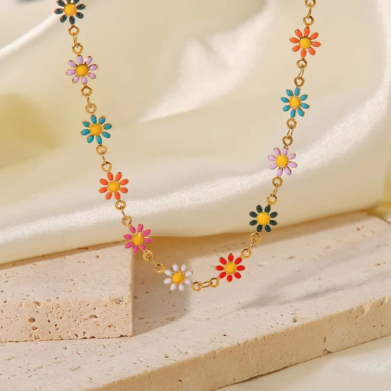 18K Gold Plated Stainless Steel Accessories Charm Colorful Daisy Choker Necklace for Women - Image 2