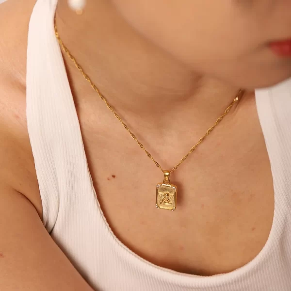 Square Zircon Embossed Angel Pendant Necklace Stainless Steel Gold Plated Gift Necklace for Women - Image 3