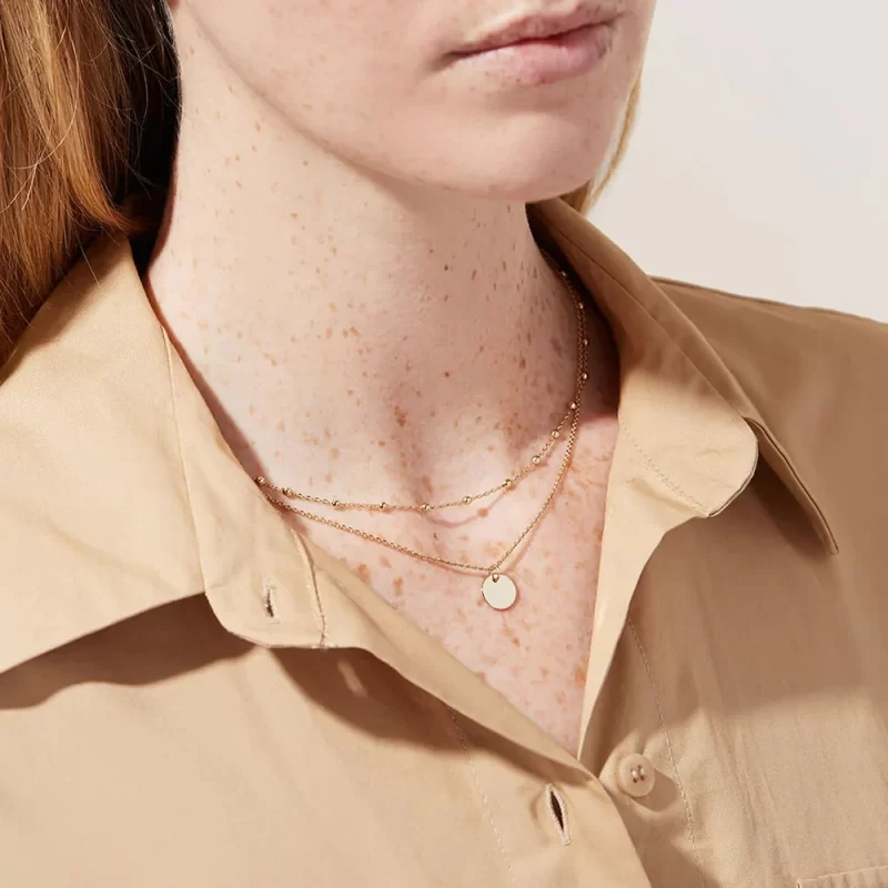 18K Gold Plated Double Layers Stainless Steel Mini Bead Chain Disc Charm Necklace for Girls - Image 2