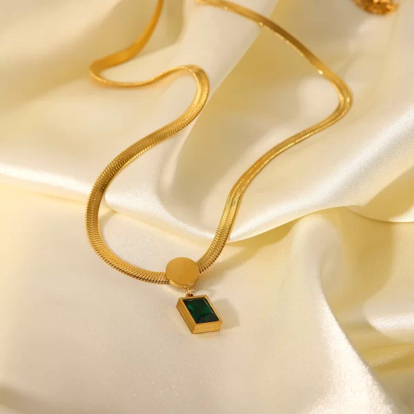18K Gold Plated Stainless Steel Green Square Zircon Pendant Snake Chain Necklace for Women's 2022 - Image 3