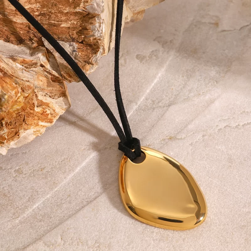 J&D 18k Stainless Steel Modern Irregular Smooth Pendant Fashion Necklace Black Wax Rope 70cm - Image 2