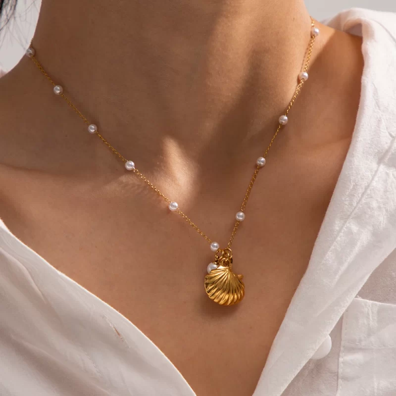 J&D Unique Earrings 18K Gold Plated Stainless Steel Texture Scallop Shell Shape Necklace and Earring Set - Image 4