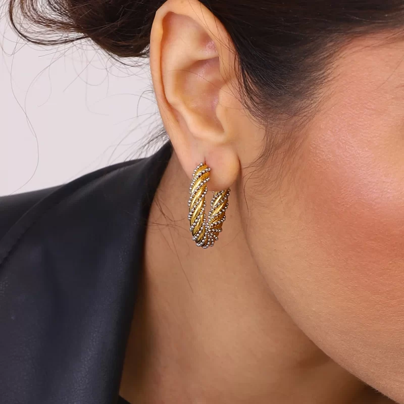 Modern Twisted Rope Hoop Earrings Minimalist C-Shaped Bead Design Two-Tone Stainless Steel Hoop Earrings - Image 3
