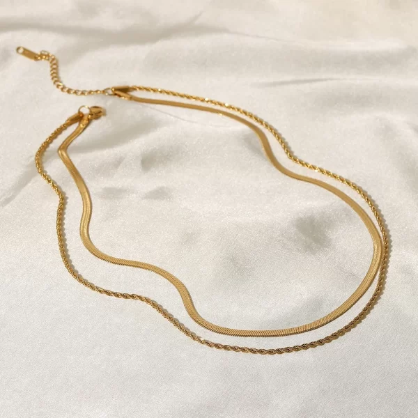 J&D Jewelry Waterproof 18K PVD Gold Plating Also Silver Colorway Two Layers Rope Flat Snake Chain Necklace
