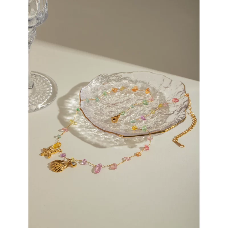 J&D 18K Gold Plated Stainless Steel Crystal Stone Colorful Stone Shell Starfish Crystal Pendant Necklace, 40+5cm - Image 3