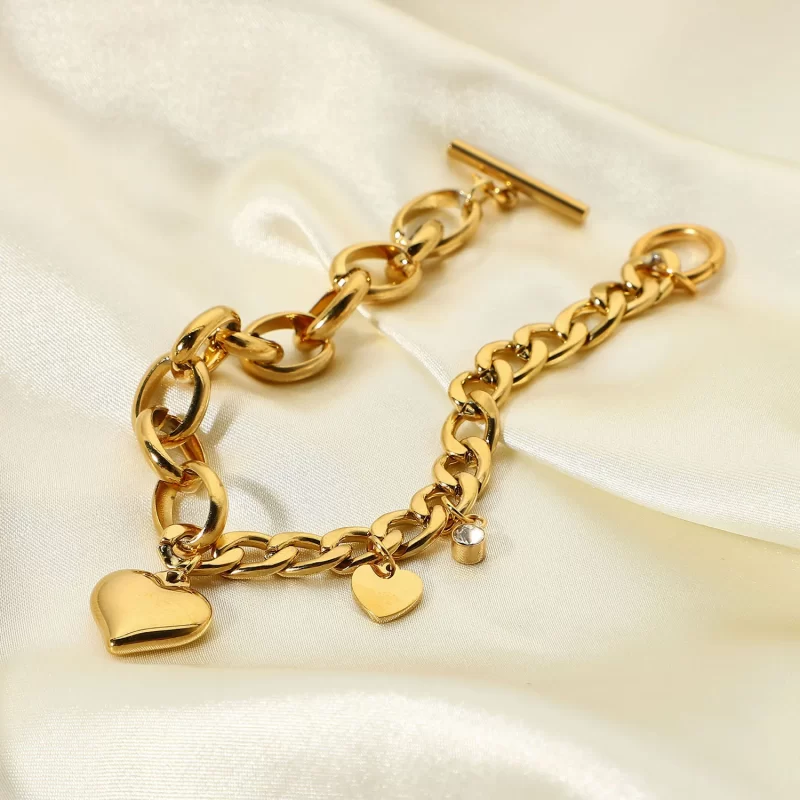 Steel Chunky Cuban Chain Bracelet Bangles With Sweet Zircon Heart Charm 18k Gold Plated OT Buckle Fashion Jewelry - Image 3